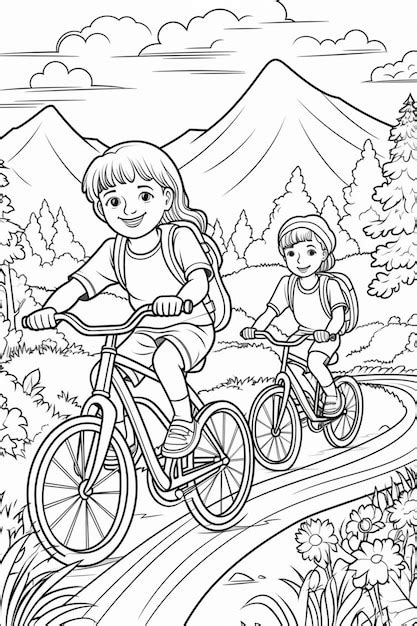 Premium Photo A Coloring Page Of A Girl And Boy Riding Bikes On A