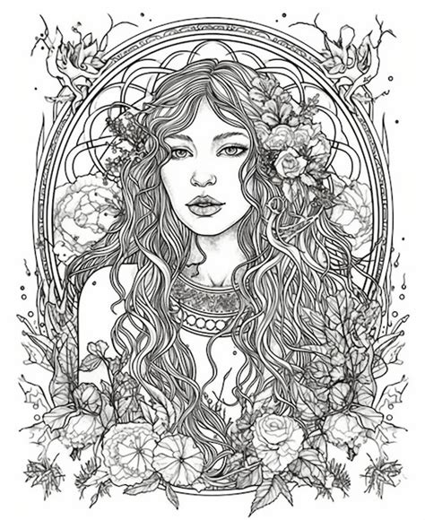 Un Dibujo En Blanco Y Negro De Una Mujer Con Flores En El Pelo Foto