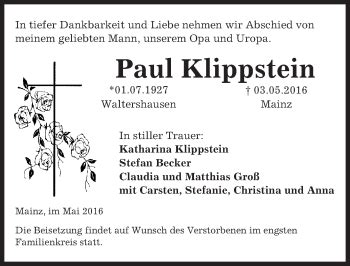 Traueranzeigen Von Paul Klippstein Vrm Trauer De