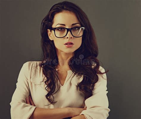 Beautiful Sexy Woman Businesswoman Silk Blouse Glasses Vision Stock