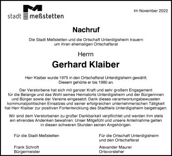 Traueranzeigen von Gerhard Klaiber Schwarzwälder Bote Trauer