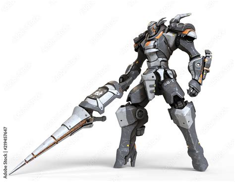 Illustrazione Stock Robot Warrior With A Large Lance In One Hand A