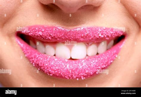 Happy Woman Lips Pink Lipstick And Sugar Scrub Closeup Makeup And