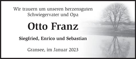 Traueranzeigen von Otto Franz Märkische Onlinezeitung Trauerportal