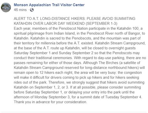 AT Hikers Encouraged Not To Summit Katahdin During Labor Day Weekend To