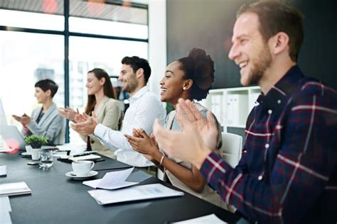 Clapping Hands Presentation And Business People In Office Boardroom