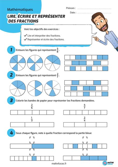 Exercices sur représenter les fractions pour les élèves de CE1 Maître