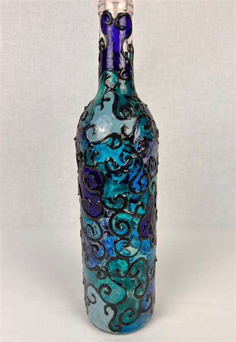 Blue Handpainted Stained Glass Effect Decorative Wine Bottle Etsy