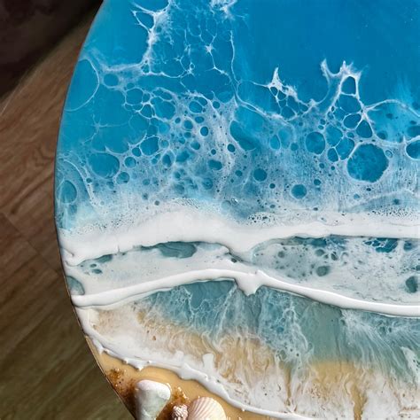 Ultra Realistic Blue Ocean Resin Table Round Epoxy Ocean Coffee Table Beach Seashell End Table