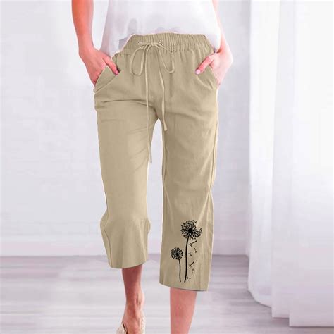 Jsaierl Womens Plus Size Cotton Linen Capris Pants Summer Elastic Waist