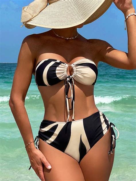 Shein Swim Vcay Ba Ador Bikini Bandeau De Color Combinado Con Cord N