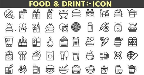 Conjunto De 50 Iconos De Contorno Relacionados Con Alimentos Y Bebidas