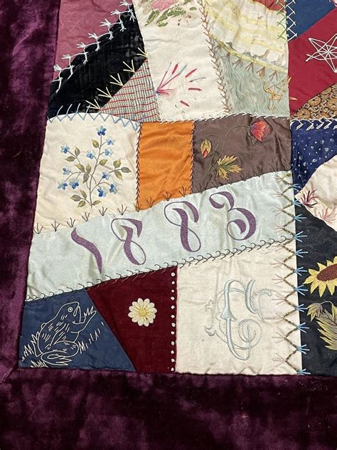 Lot Antique Dated 1883 Highly Detailed Hand Stitched Crazy Quilt W