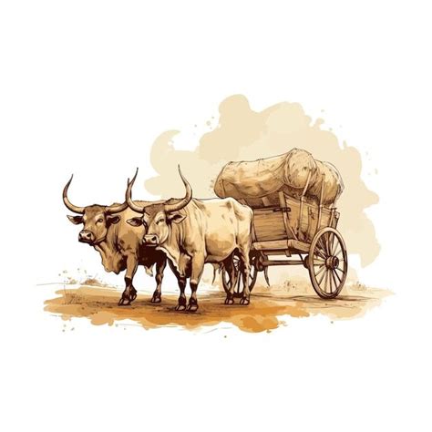 Premium Vector An Illustration Of Two Oxen Pulling A Cart Bullock