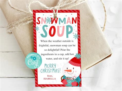 Printable Snowman Soup Hot Chocolate Gift Tag Christmas Hot Cocoa