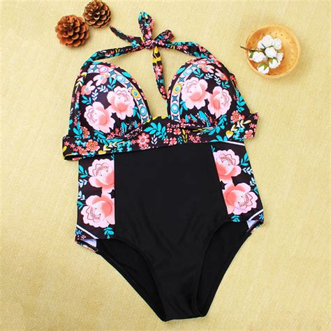 Fashion Floral Print Bottom Black Halter High Waist Two Piece Bikini On