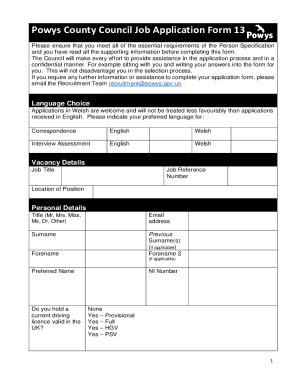 Fillable Online Powys County Council Job Application Form 13 Fax Email ...