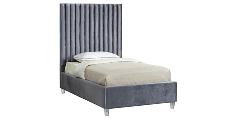 Grey Velvet Channel Tufted Platform Twin Bed Candace Meridian