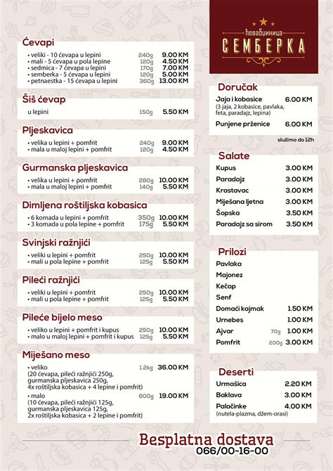 Menu at Ćevabdžinica Semberka restaurant Bijeljina