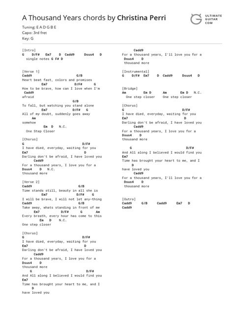 A Thousand Years Chords By Christina Perri Tuning Eadgbe Capo 3rd Fret Key G Pdf Song