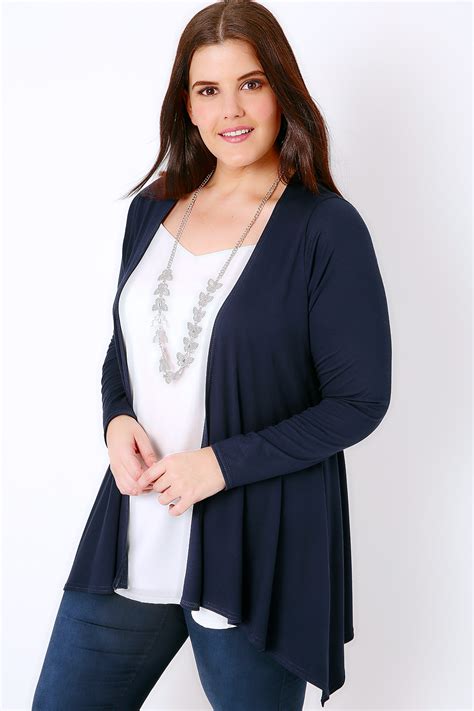 Navy Edge To Edge Waterfall Jersey Cardigan With Lace Panel Plus Size