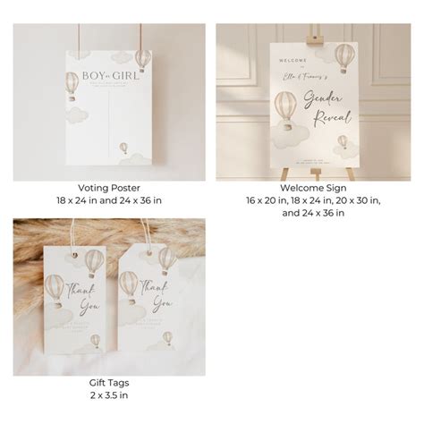 Editable Gender Reveal Cream Hot Air Balloons Template Bundle Boho