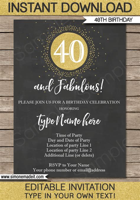 Chalkboard 40th Birthday Invitations Template | Printable & Editable