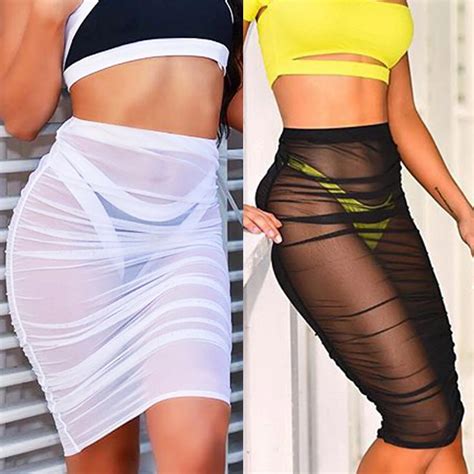 Mesh Wrap Pencil Skirt High Waist Black White Solid Sexy See Through