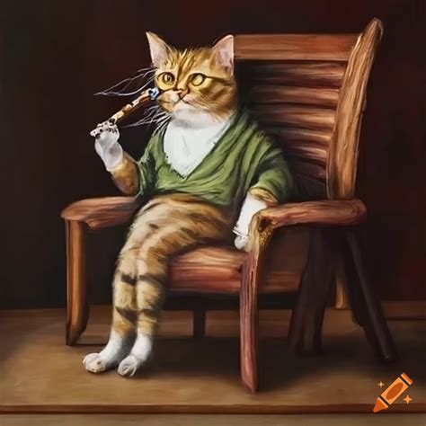 Realistic Painting Of A Cat In Clothes Sitting On A Chair And Smoking A