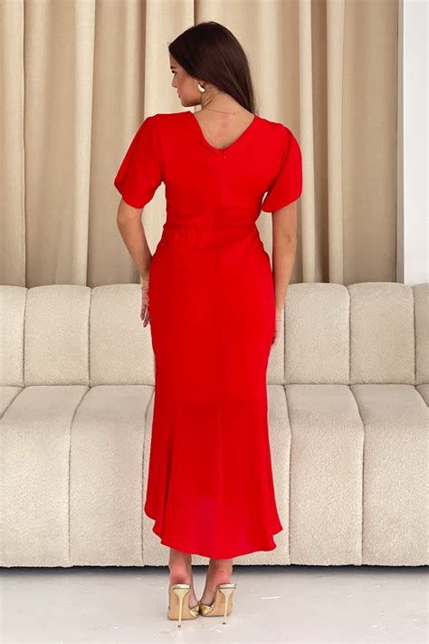 Cleo Red Ruched Detail Midi Dress