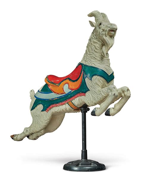 Rare Polychrome Paint Decorated And Carved Pine Leaping Goat Carousel