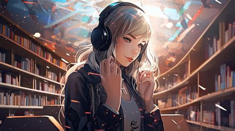 Premium AI Image | Cute anime girl listening music wearing headphone