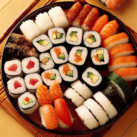 Premium Ai Image Sushi Set On Wooden Table Top View