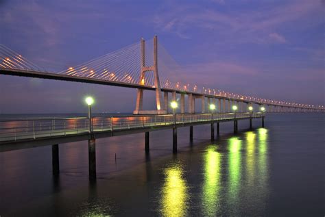 Twilight Reflexes Vasco Da Gama Bridge Lisboa Portugal F Mira