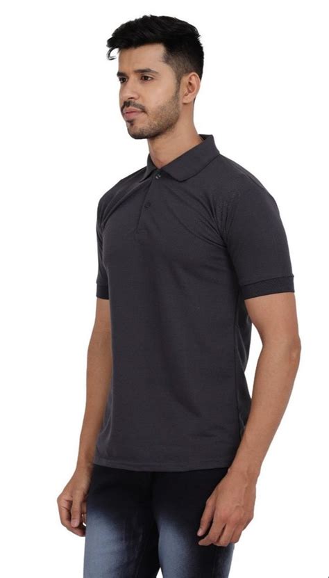 Spun Plain Corporate Men Grey Polo Neck Matty Collar T Shirt At Rs