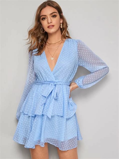 Shein Surplice Wrap Layered Ruffle Hem Belted Swiss Dot Dress