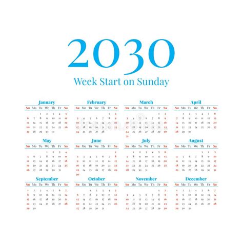 Plantilla De Calendario De 2030 Con Semanas Que Comienzan El Lunes