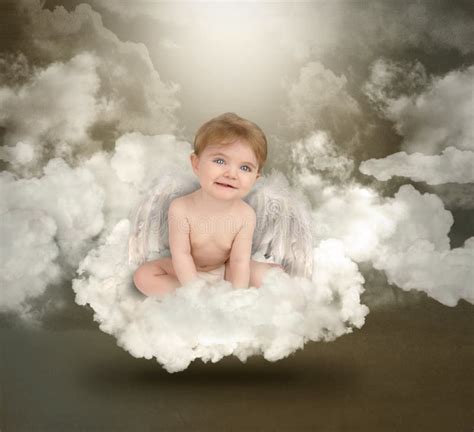 Happy Angel Baby Sitting On Clouds Stock Photo Image Of Adorable