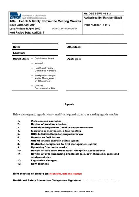 Printable Template Safety Meeting Agenda Template Safety Committee ...