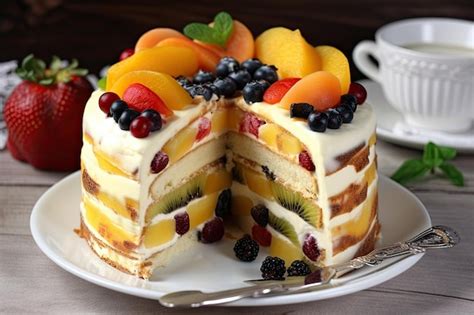 Premium AI Image | Gourmet fruit cake with layers of juicy fruits and ...