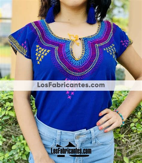 Rj00542 Blusa Artesanal De Manta Unitalla Color Azul Bordado Hecho A