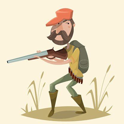 Hunter With Gun And Backpack Funny Cartoon Character Stock Clipart