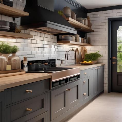 A Modern Farmhouse Kitchen With Open Shelving Subway Tiles And A