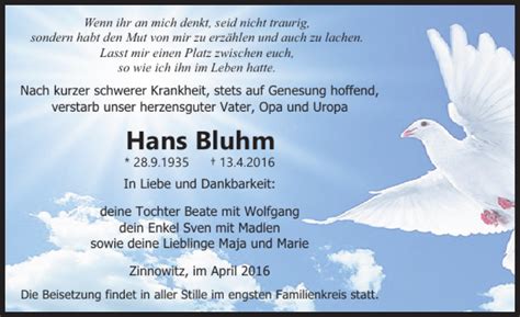 Traueranzeigen Von Hans Bluhm Trauer Anzeigen De