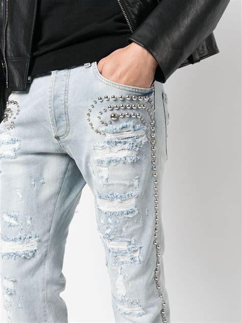 Philipp Plein Stud Embellished Distressed Jeans Blue Farfetch