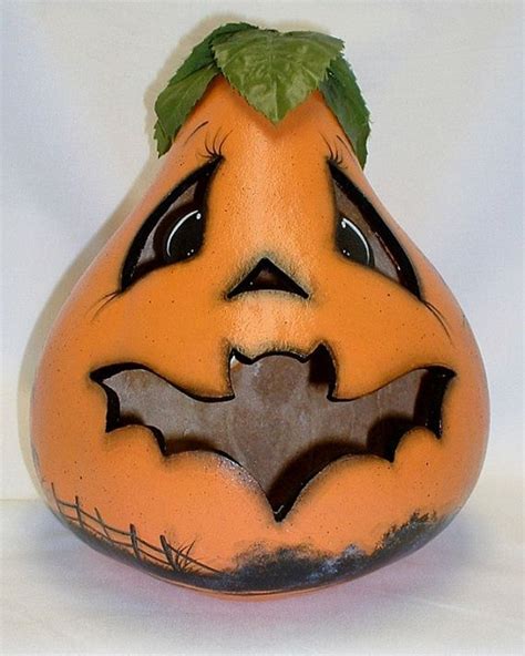 Bat Mouth Halloween Light Up Jack O Lantern Gourd Hand Painted