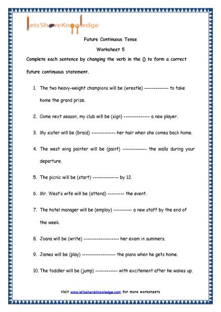 Grade 4 English Resources Printable Worksheets Topic Future Continuous Tenses Lets Share