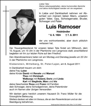 Traueranzeigen Von Luis Ramoser Trauer Bz