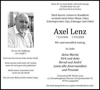 Traueranzeigen Von Axel Lenz Trauer In NRW De