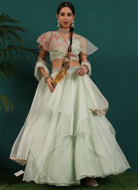 Buy Green Organza Embroidered Lehenga Set Festive Wear Online At Best